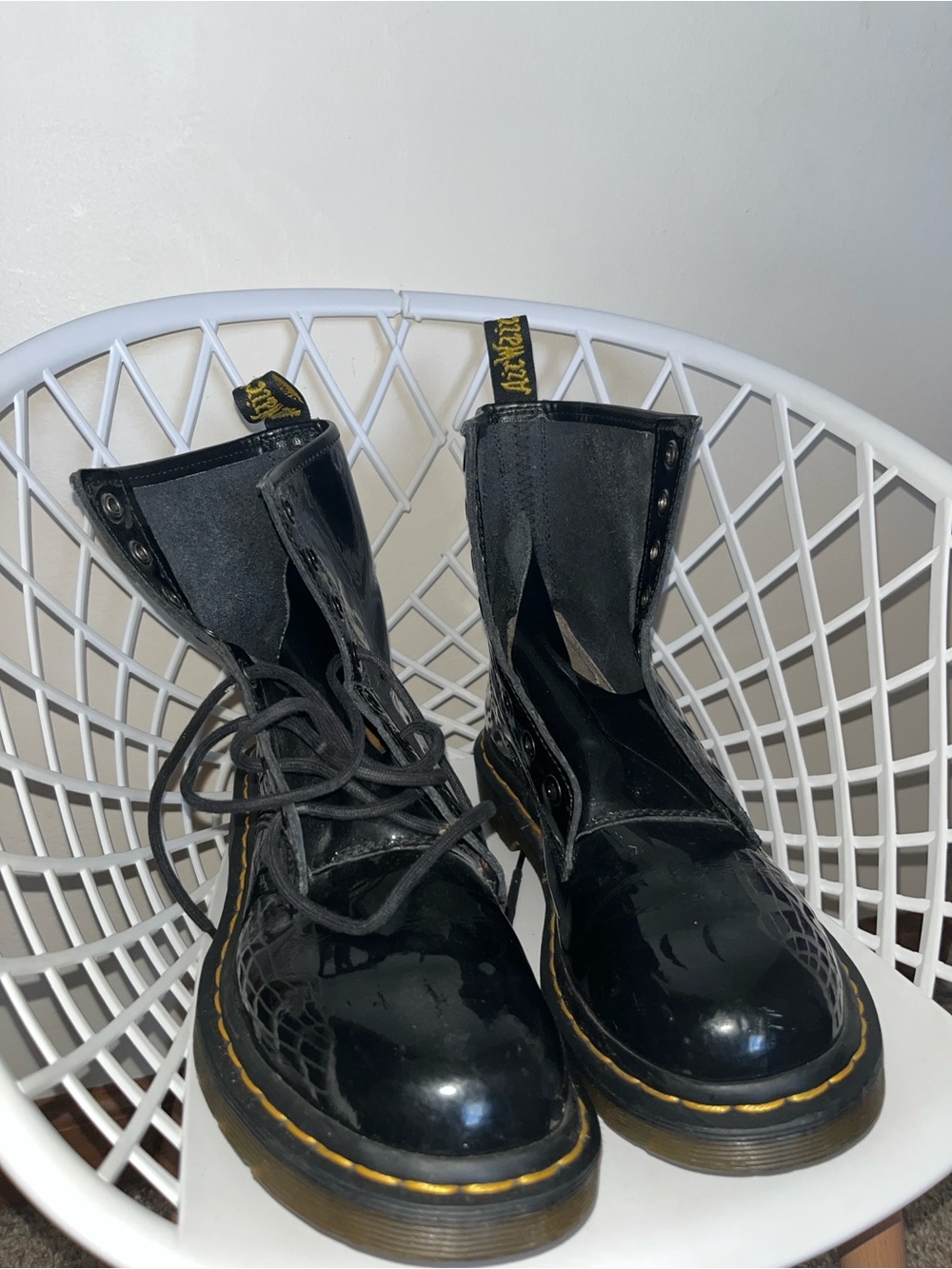 Dr. Martens 1460 Black Patent Leather Boots with Yellow Stitching “8 Eye Boots”
